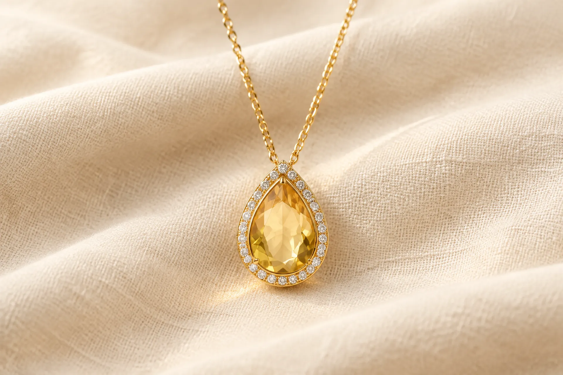 A gold citrine pendant necklace with honey glow on cream linen — birthstone jewelry in gold