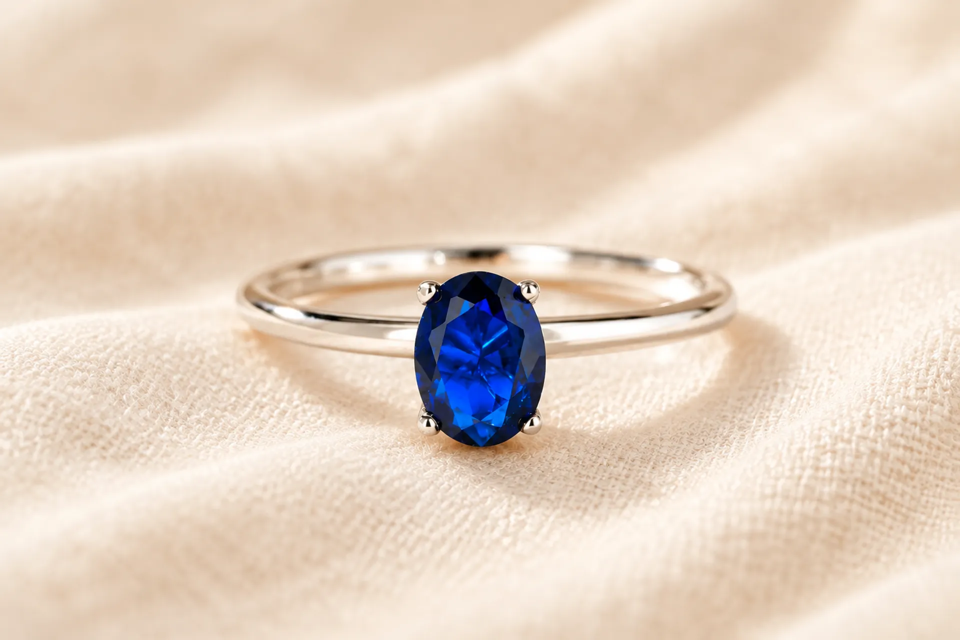 A blue sapphire cabochon ring in gold on cream linen — September's birthstone, the hardest colored stone